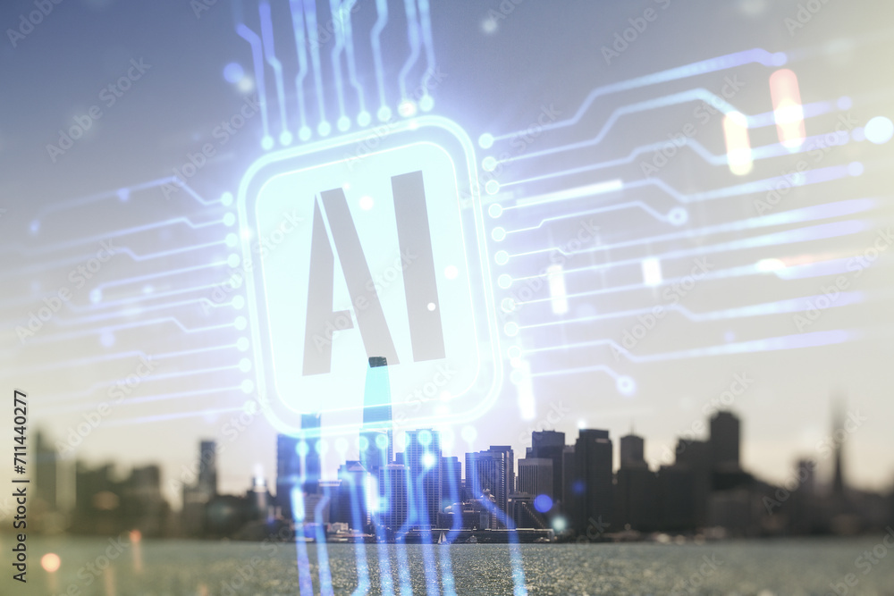 Poster double exposure of creative artificial intelligence icon on san francisco city skyscrapers backgroun