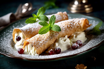 Creamy and crispy cannoli, delicious Sicilian pastry with snow sugar and cherries, garnished with green mint leaves. Homemade food. - obrazy, fototapety, plakaty