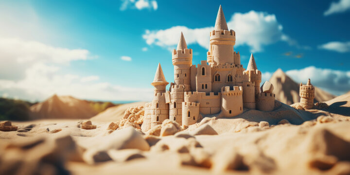 Grand intricate sandcastle on the beach during a summer day. Generative AI