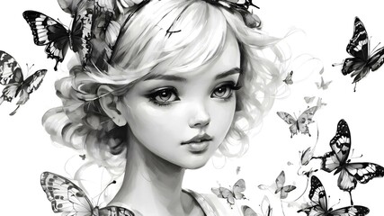 Portrait of a cute girl with big eyes surrounded by butterflies drawn in ink