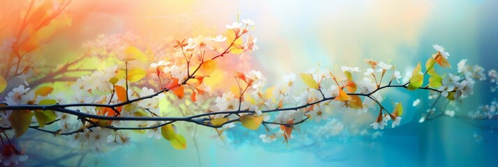Abstract blurred website banner background of of spring white cherry blossoms tree. selective focus. vintage filtered, panoramic