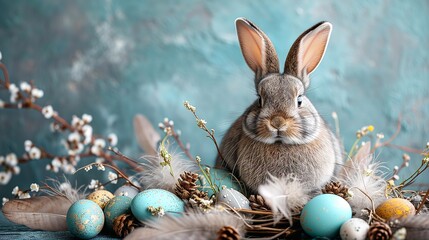 Fototapeta na wymiar Cute little rabbit with Easter eggs on a blue background, closeup.