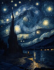 Starry Night Dreamscape: Van Gogh Inspired Illustration