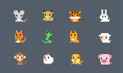 Pixel art icon set. Pixel animals. Chinese zodiac signs. Rat, Ox, Tiger, Rabbit, Dragon, Snake, Horse, Sheep, Monkey, Rooster, Dog, Pig. Animal pixel set. Animal illustrations