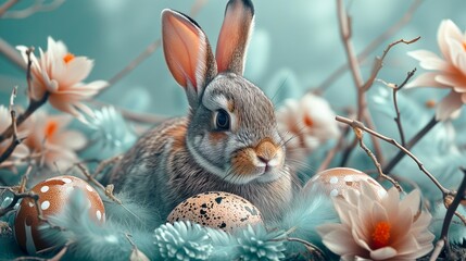 Cute little rabbit with Easter eggs on a blue background, closeup.