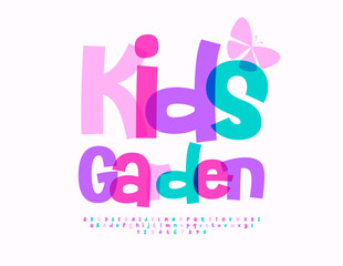 Vector playful Emblem Kids Garden. Funny Colorful Font for Children. Bright Cool Alphabet Letters and Numbers.
