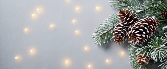 Winter Wonderland Banner - Festive Pine Cones on Evergreen Branch with Twinkling Lights
