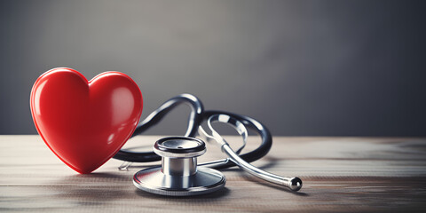 Doctors Stethoscope And Red Heart Romantic Hospital Heartbeat Photo Background A red heart with a stethoscope and grey wall background Ai Generative