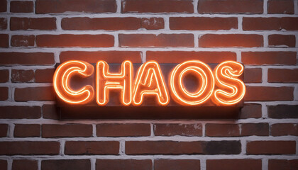 CHAOS - fluorescent Neon tube Sign on brickwork - Front view - 3D rendered royalty free stock picture. Can be used for online banner ads and direct mailers..