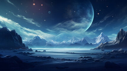 fantasy background of mountains with big moon in the sky