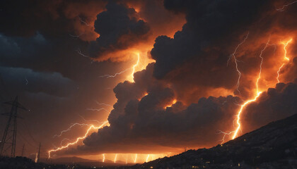 Orange and Yellow Clouds on Fire with Lightning Bolts in a Dark Sky AI Generative