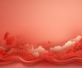 Red sky and white cloud background with bird and tree GenerativeAI, chinese style, papercut style