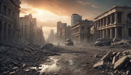 Abandoned ruins and debris in a post-apocalyptic cityscape under a glowing sunset
