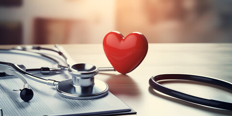 A red heart and a stethoscope on a flat wooden table heart with a stethoscope on table with blurly bright background Ai Generative