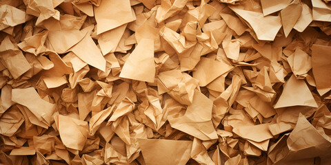  brown wood chips Recycled paper texture firewoods stacks blurred background - obrazy, fototapety, plakaty
