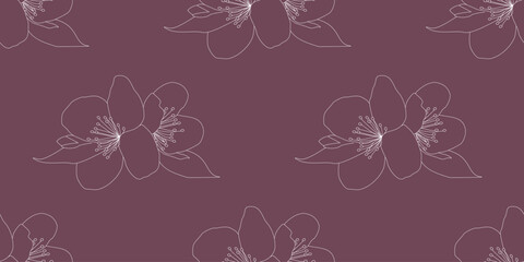 Linear flowers Seamless pattern. Outline Boho Botany elements, Vector illustration for Background, Textile, Wrapping paper, Wallpaper, Wedding Decoration, Invitation, Card. Design Line art Template.