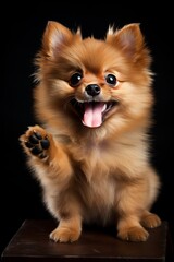 A small dog sits and offers its paw, sticking out its tongue