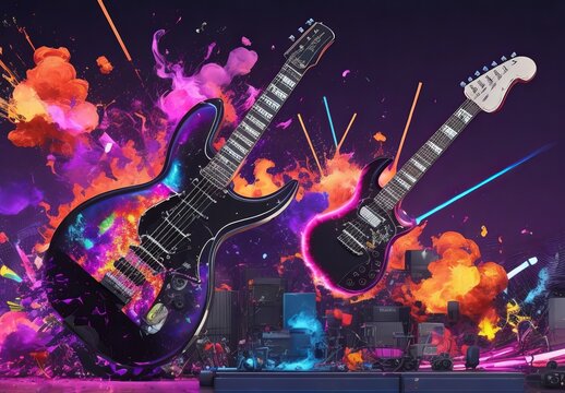 rock music instruments exploding with colourful

