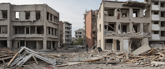 Destroyed homes and buildings in a war-torn city, with debris scattered and smoky skies overhead 