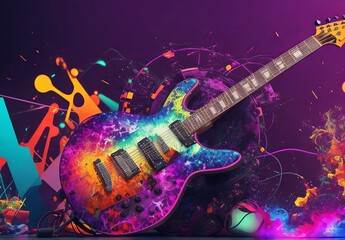 rock music instruments exploding with colourful
 - obrazy, fototapety, plakaty