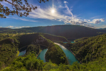 Montenegro nature landscape. Wonderful view of the meanders of Cehotina River (crooked course of the river) which it carved through the rocky areas.