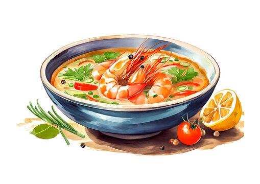 thai noodle soup with shrimp on white background, art design