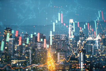 Fototapeta premium Multi exposure of virtual creative financial graph and world map on San Francisco city skyline background, forex and investment concept