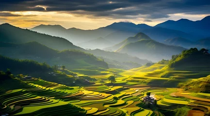 Fototapete Reisfelder Rice terraces in Sapa mountains, Landscape of terraced rice field near Sapa, North Vietnam