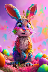 Colorful Cartoon Rabbit with Expressive Face and easter eggs, Cute and Whimsical Easter Bunny...