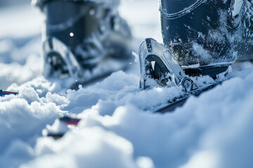 Close-Up of Snowboard Bindings and Boots Amidst Pristine Snow - Ideal for Winter Sports Gear Advertising and Enthusiasts - obrazy, fototapety, plakaty