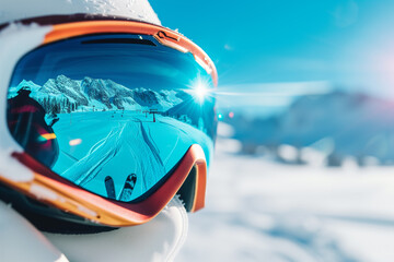 Skier's Perspective through Goggles Overlooking a Snowy Mountain Landscape - Perfect for Winter Sports and Travel Campaigns - obrazy, fototapety, plakaty