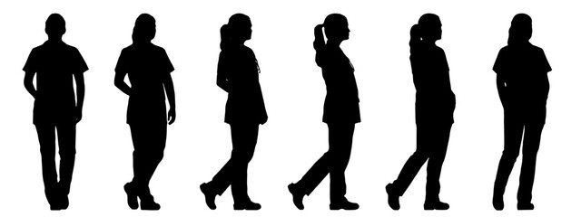 Vector concept conceptual black silhouette of a woman in white scrubs with a stethoscope from different perspectives isolated on white background. A metaphor for healthcare, treatment and help
