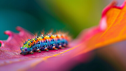 A colorful caterpillar on a vibrant leaf. - obrazy, fototapety, plakaty
