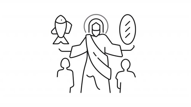 Jesus feeds 5000 line animation. Jesus Christ animated icon. New testament. Christian theology. Black illustration on white background. HD video with alpha channel. Motion graphic