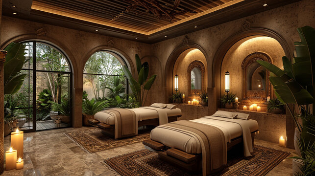A serene spa salon oasis with dimmed lighting, featuring plush massage tables adorned with soft linens and surrounded by decorative candles, creating a tranquil and inviting atmosp