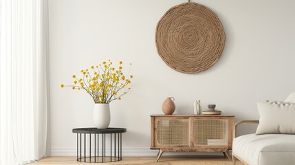 Minimalist home decor with a circular woven wall hanging above a modern side table with a vase of yellow flowers, creating a tranquil interior design element