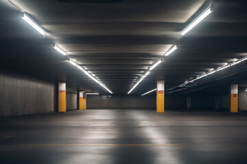 Empty Parking Garage With Yellow and White Lights. Generative AI.