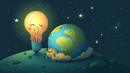 Earth hour background, cartoon illustrations promoting reduced energy consumption,AI generated.