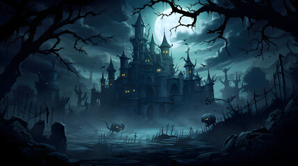 illustration of horror majestic castle in black fog at night
