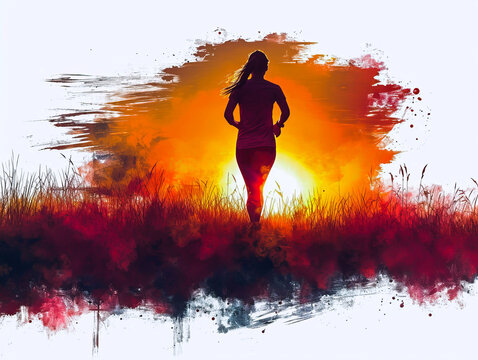 Running to the Horizon: Sporty Girl Conquers the Sunset. Picture. 