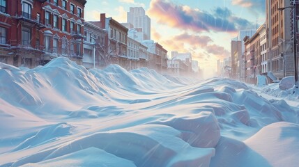 City streets covered in snow after heavy snowfall - obrazy, fototapety, plakaty