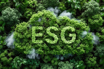 Green natural forest aerial view with ESG cloud icon; ESG environment society and governance sustainable environmental concept