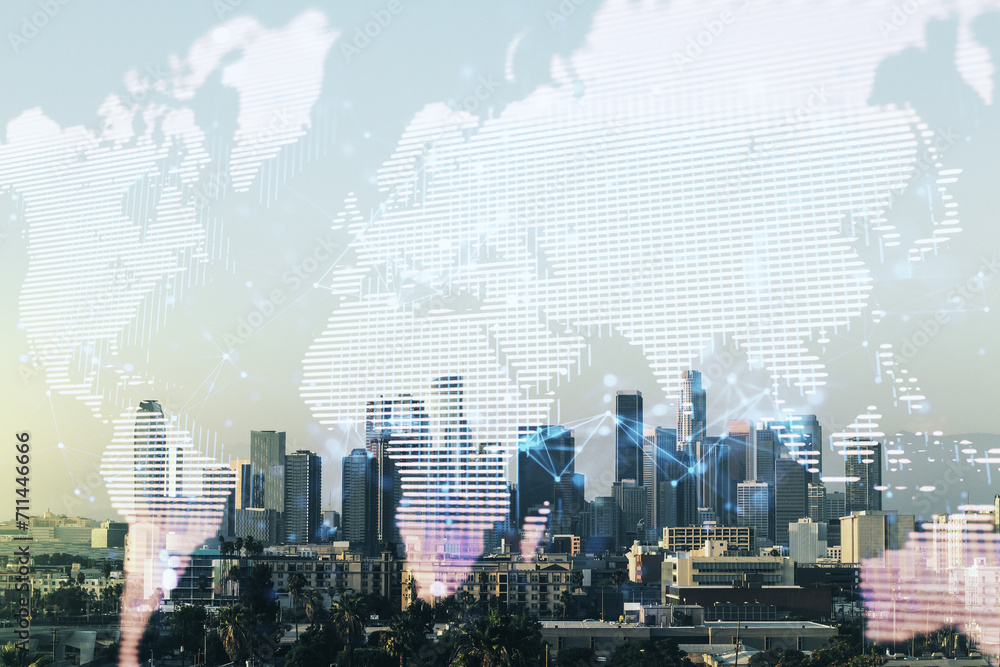 Poster multi exposure of abstract graphic world map on los angeles cityscape background, big data and netwo