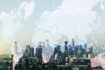 Multi exposure of abstract graphic world map on Los Angeles cityscape background, big data and...
