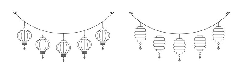 Chinese Lantern Hanging Garland Outline Doodle Set, Chinese New Year, Lunar New Year and Mid-Autumn Festival Decoration Graphic. Coloring book page for kids.