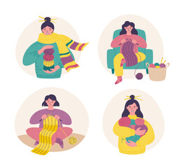Happy young women knitting or with knitting hobby accessories. Vector flat style illustration of handmade hobby