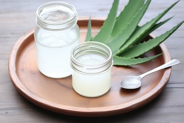 Obraz na płótnie Canvas aloe vera leaves arranged around a jar of homemade cream