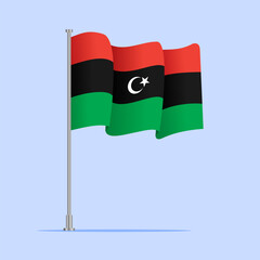 Vector 3d realistic flags of Libya on steel poles isolated on white background. National symbol of Libya illustration. Libya Flag on flag pole isolated on white background.