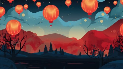 Illustration of Chinese holiday lanterns outdoors in the sky during Chinese New Year celebration - obrazy, fototapety, plakaty