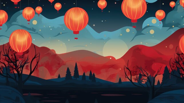 Illustration of Chinese holiday lanterns outdoors in the sky during Chinese New Year celebration